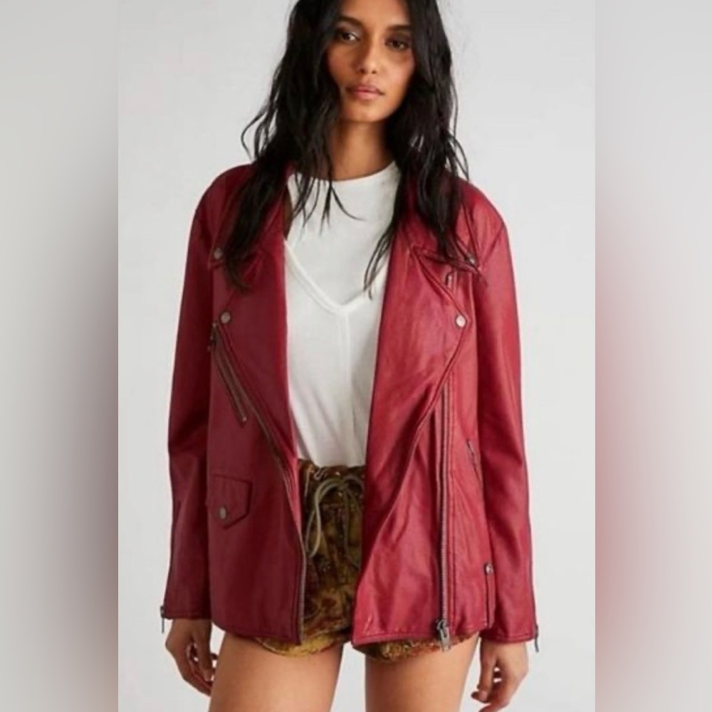 We The Free By Free People "Jealously Red" Vegan Leather Moto Jackets Size M
